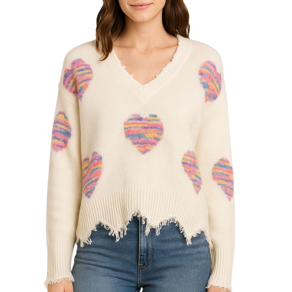 Shein Cream Distressed Heart Sweater – Size Small – New Without Tags